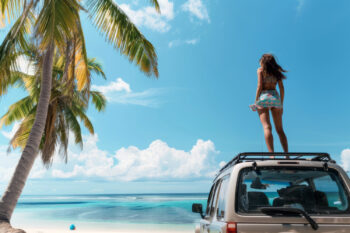 girl and car at the beach